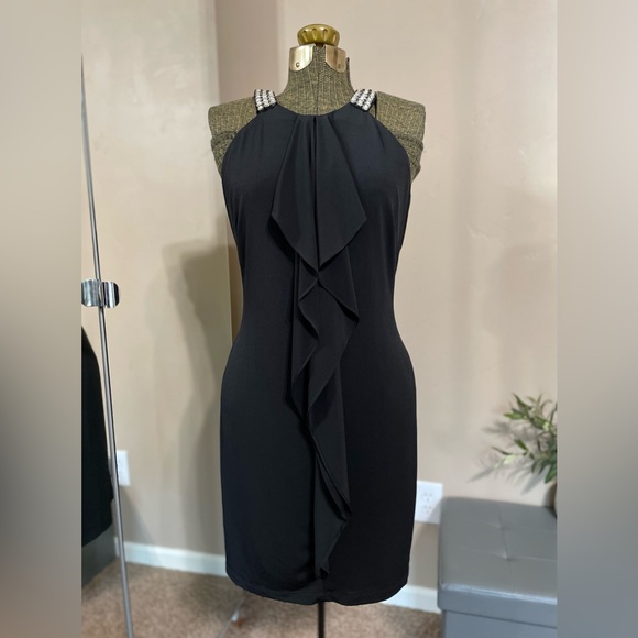David Meister Dresses & Skirts - David Meister Black Rhinestone Halter Cocktail Dress Cascade Glam Party EUC